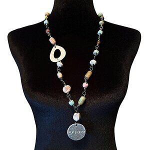 Long Beaded Necklace Believe Pendant Pottery Beads Green Blue Silver Tone